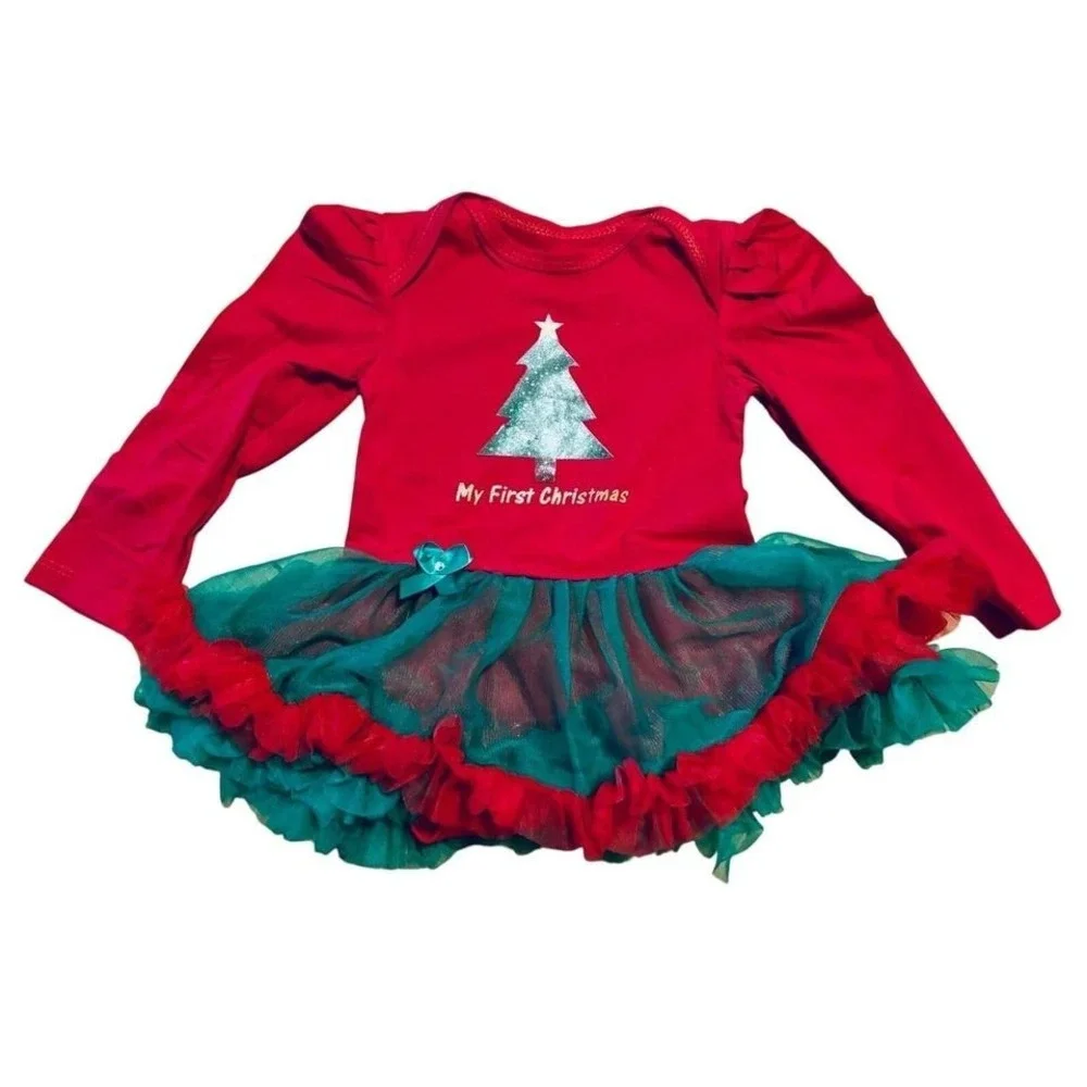 My First Christmas Outfit Baby Girl 0-6M Red Green Good Tutu Set